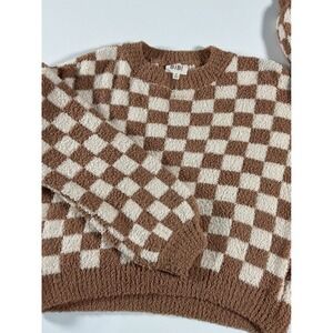 Bib! Brown Cream Checkerboard Fuzzy Knit Pullover Sweater Size M